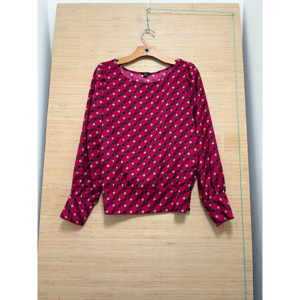 Ann Taylor Factory Pink Polka Dot Long Sleeve Blouse Smocked Back Medium